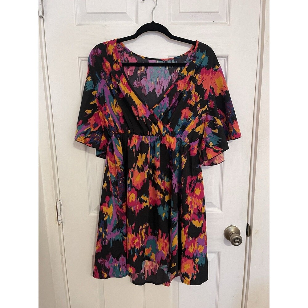 Shein Curve Short Sleeve Deep V Elastic Waist Baby Doll Colorful TOP Size 2XL
